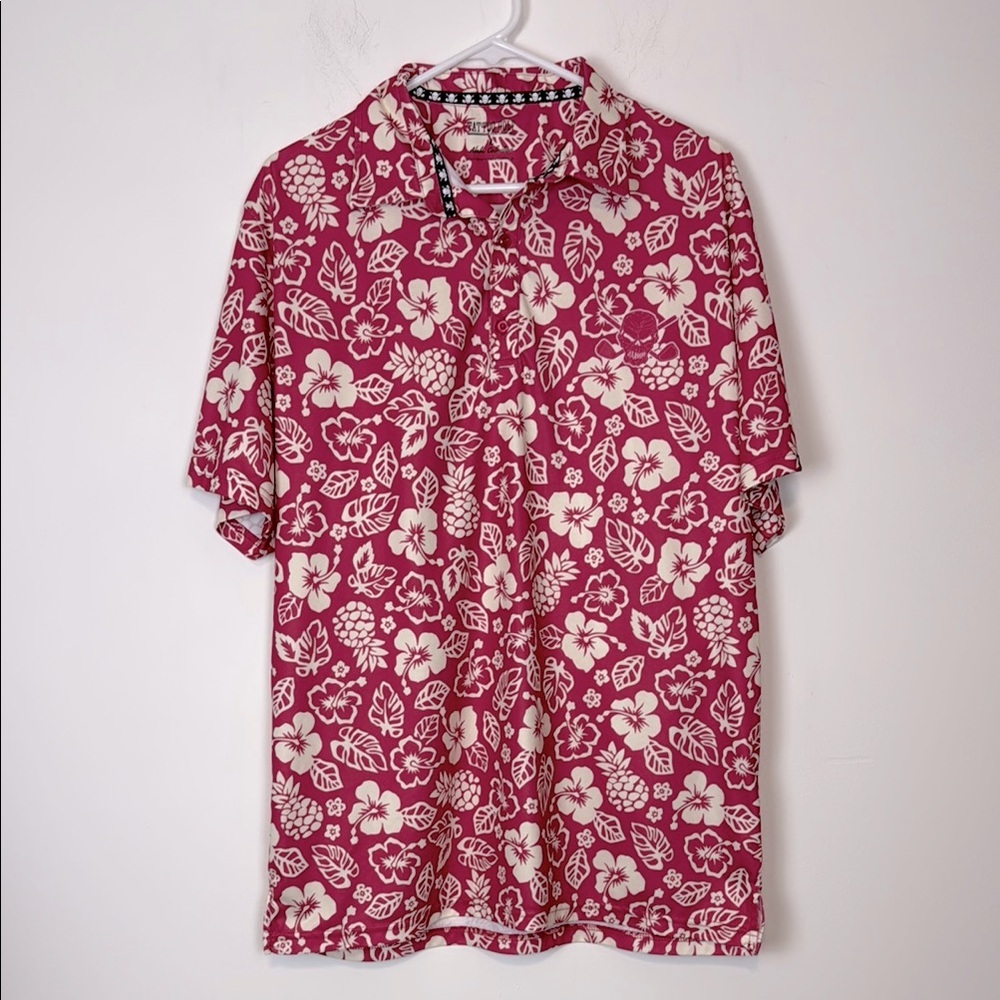 Tattoo Golf Aloha Series Pink/Off White Hibiscus Print Golf Shirt. Size Large.